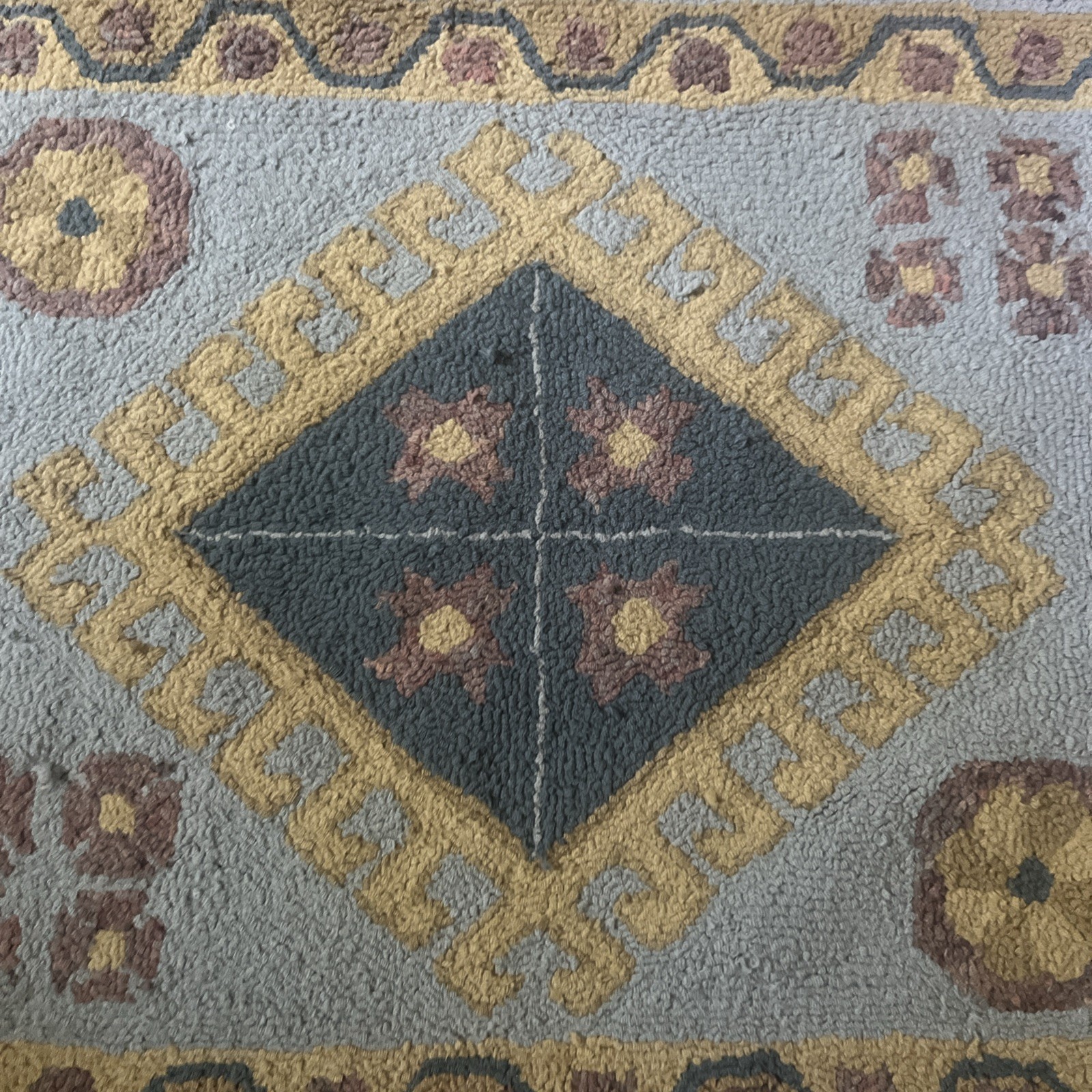 Vintage Signed FOLK ART Hooked Rug 26 x22 Geometric Flynn Flood Blue Carpet Mat gallery