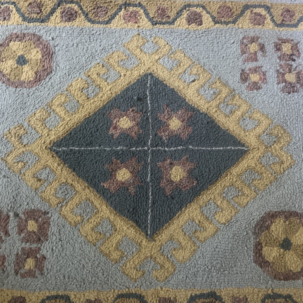 Vintage Signed FOLK ART Hooked Rug 26 x22 Geometric Flynn Flood Blue Carpet Mat