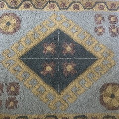 Vintage Signed FOLK ART Hooked Rug 26 x22 Geometric Flynn Flood Blue Carpet Mat