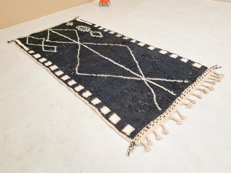 Moroccan Handmade Beniourain Rug 3'4x7'1 Berber Geometric Black Wool Carpet gallery