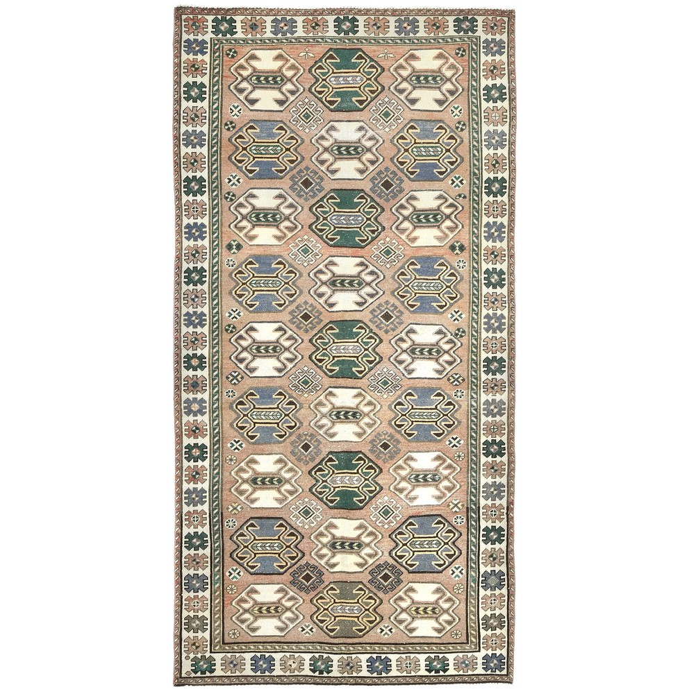Semi-Antique Distressed Oriental Rug 4'7X9'5 ft Muted Geometric Design Carpet