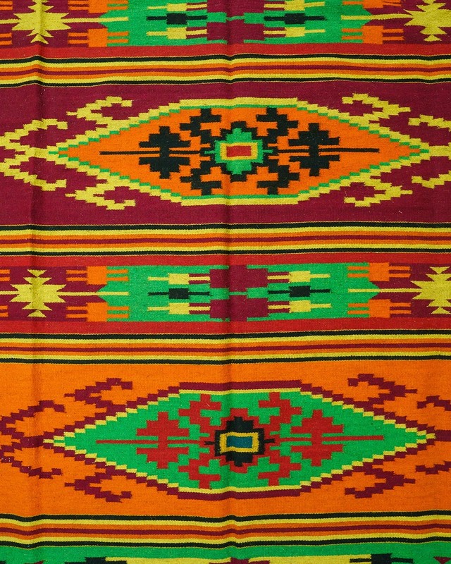 Romanian Oltenian Kilim Rug Handwoven 100% Wool Geometric Orange Green 1970s gallery