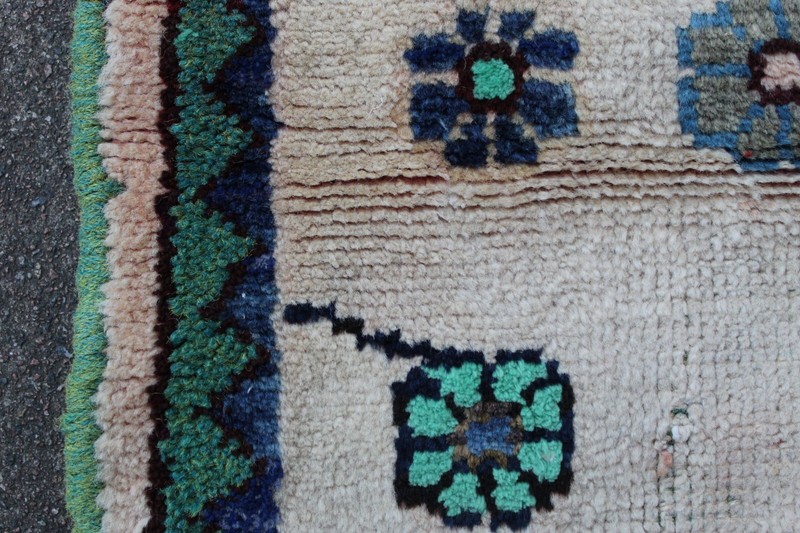 Vintage Hand Made Traditional Rug Oriental Cotton White Green Small Rug 98x94cm gallery
