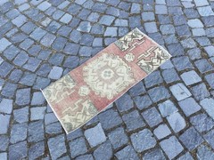 Vintage Turkish Rug, Hand-Knotted Wool, Dusty Rose Pink Small Doormat Mat Rug