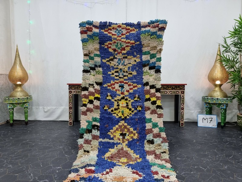 Moroccan Handmade Vintage Boucherouite Rug 2'3"x7' Berber Geometric Blue Carpet gallery