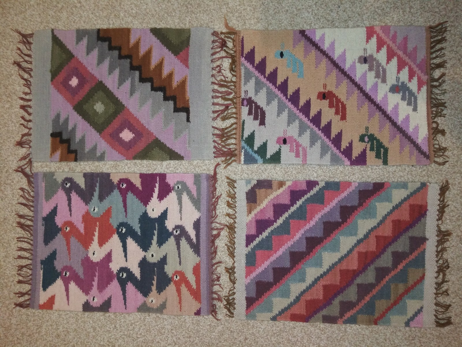 Vintage Zapotec PERU WOOL RUG Sample Hand Loom Woven escher BIRD DUCK Natural x4 gallery