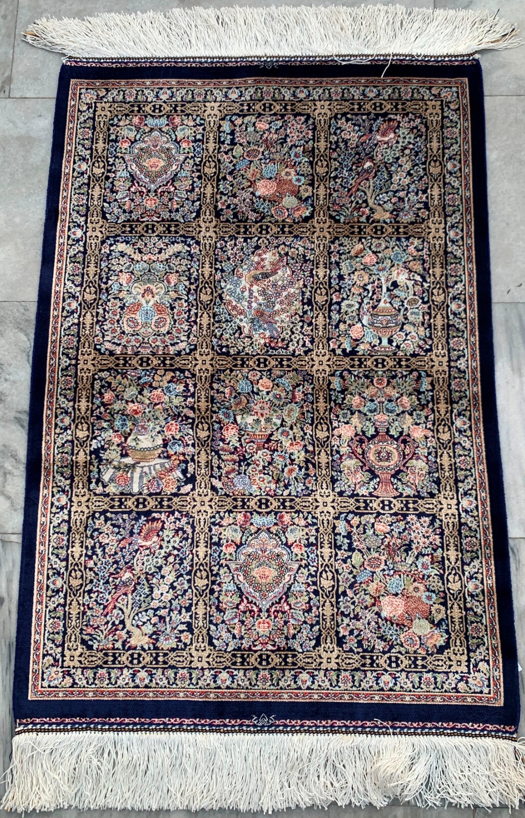 100% Silk Rug Compartment Design Silk Rug Handmade Fringes and Borders 2x3 ft gallery