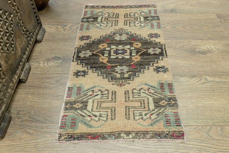 Turkish Oushak Mat 1'5x3'6 ft – Brown Sage Teal Wool Rug for Entry or Bathroom gallery