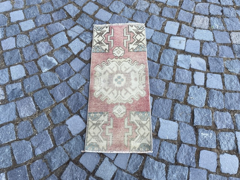 Vintage Turkish Rug, Hand-Knotted Wool, Dusty Rose Pink Small Doormat Mat Rug gallery