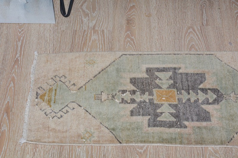 Vintage Turkish Mini Rug 1'3x3 ft, Small Oushak Rug | Faded Orange Green Mat gallery