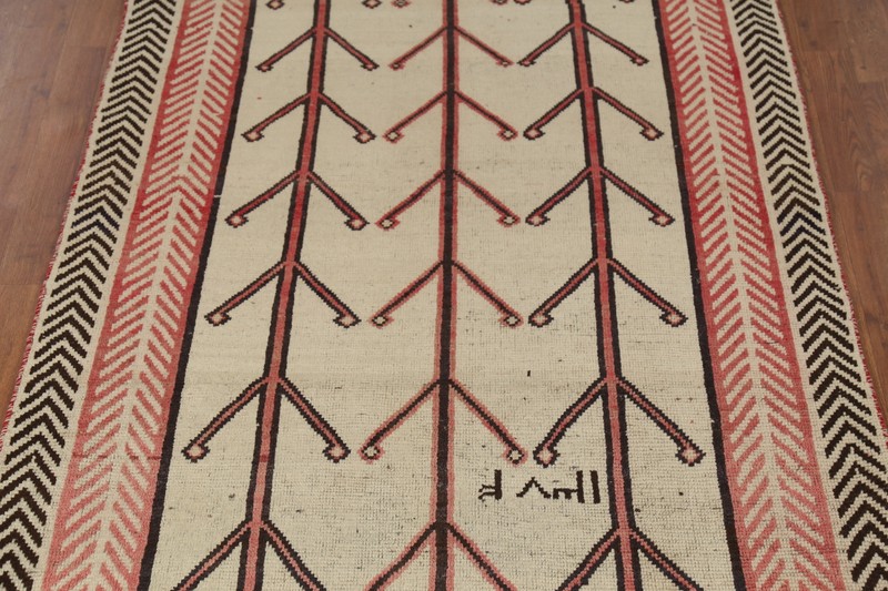 Vintage Ivory Wool Hand-knotted 9 ft Geometric Gabbeh Runner Rug 4x9 Carpet gallery
