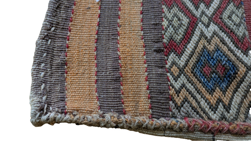 Antique Turkish Jijim Flatweave Bag Panel Stripe Diamond Geometric 48x32 Worn gallery