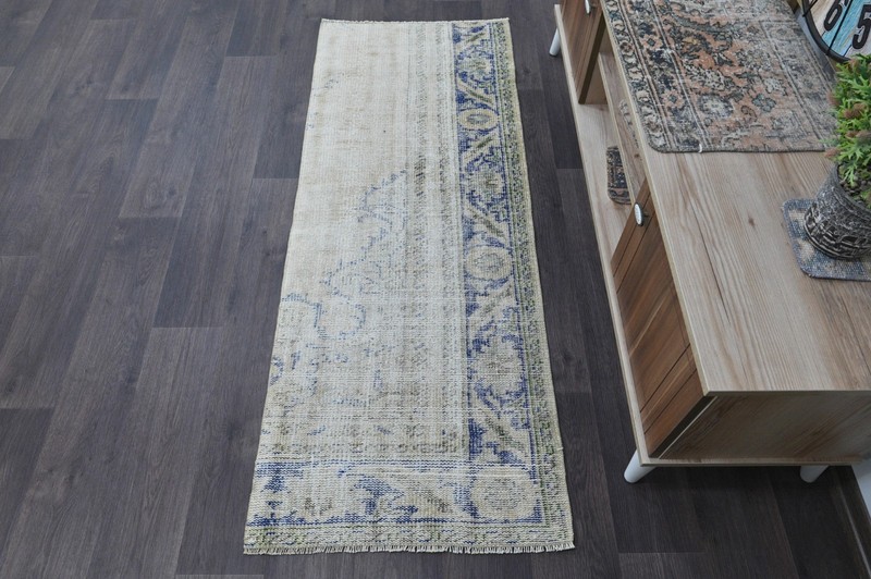 Vintage Turkish Runner Rug 2x5ft BEIGE Handmade Anatolian Oushak Hallway Wool gallery