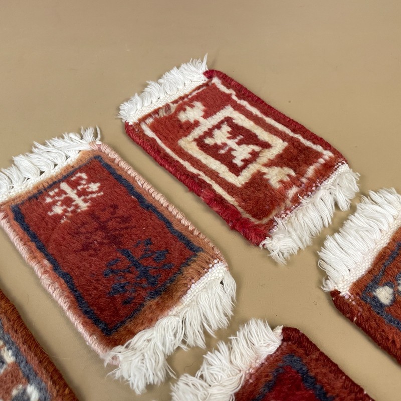 Vintage Miniature Oriental Rugs x8 Handwoven Wool Tabletop Decor Red Mats Set gallery