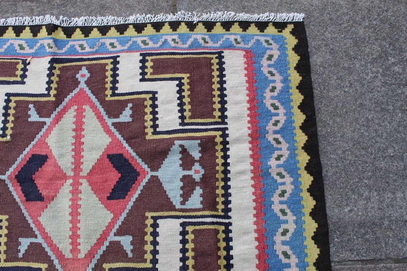 Vintage Traditional Hand Made Oriental Wool Brown White Small Kilim 197x100cm gallery