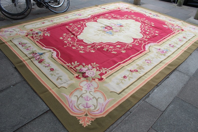 Vintage Hand Made French Design Wool Red Green Original Large Aubusson 415X303cm gallery