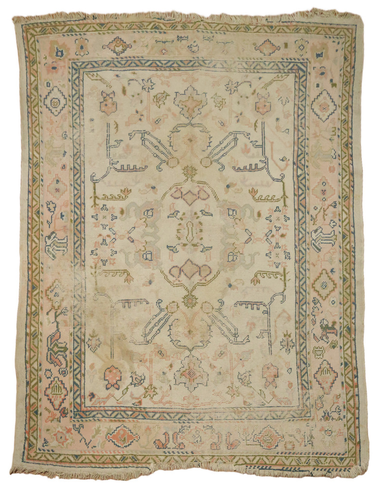 Pre-1900 Antique 7x9 Oushak Hand-Knotted Wool Turkish Area Rug in Soft Tones