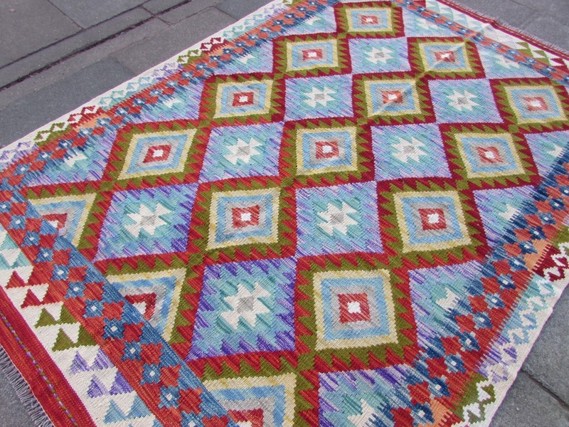 Kilim Vintage Traditional Hand Made Oriental Blue Red Wool Kilim 245x173cm gallery