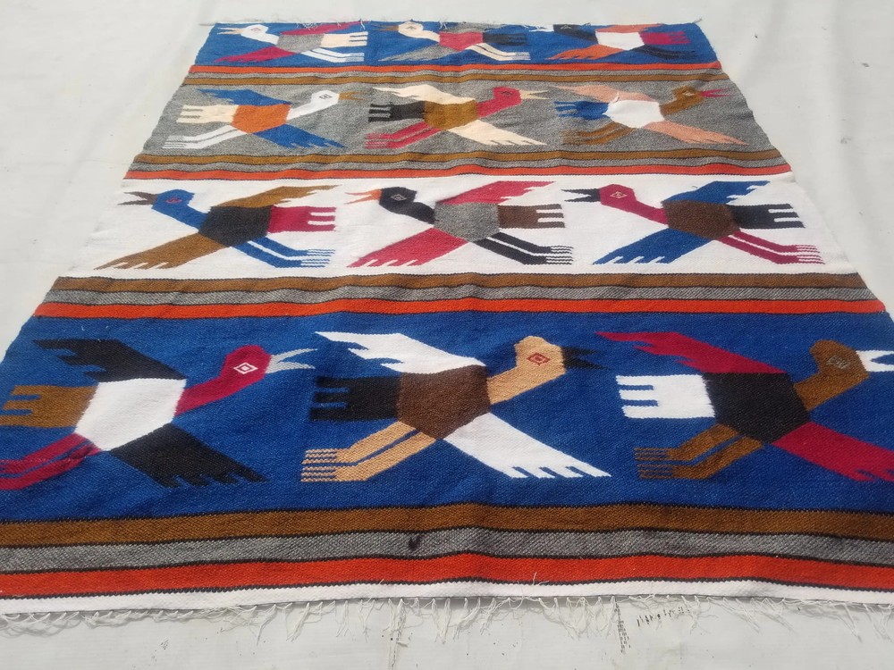 Vintage Traditional Handmade Ecuadorian Pictorial Wool Blue Kilim 5x3.11ft