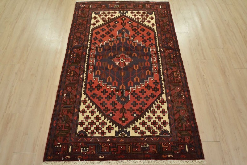 Hamedan Rug 4’1” x 6’4” Red Wool Vintage Tribal Hand-Knotted Oriental Carpet gallery