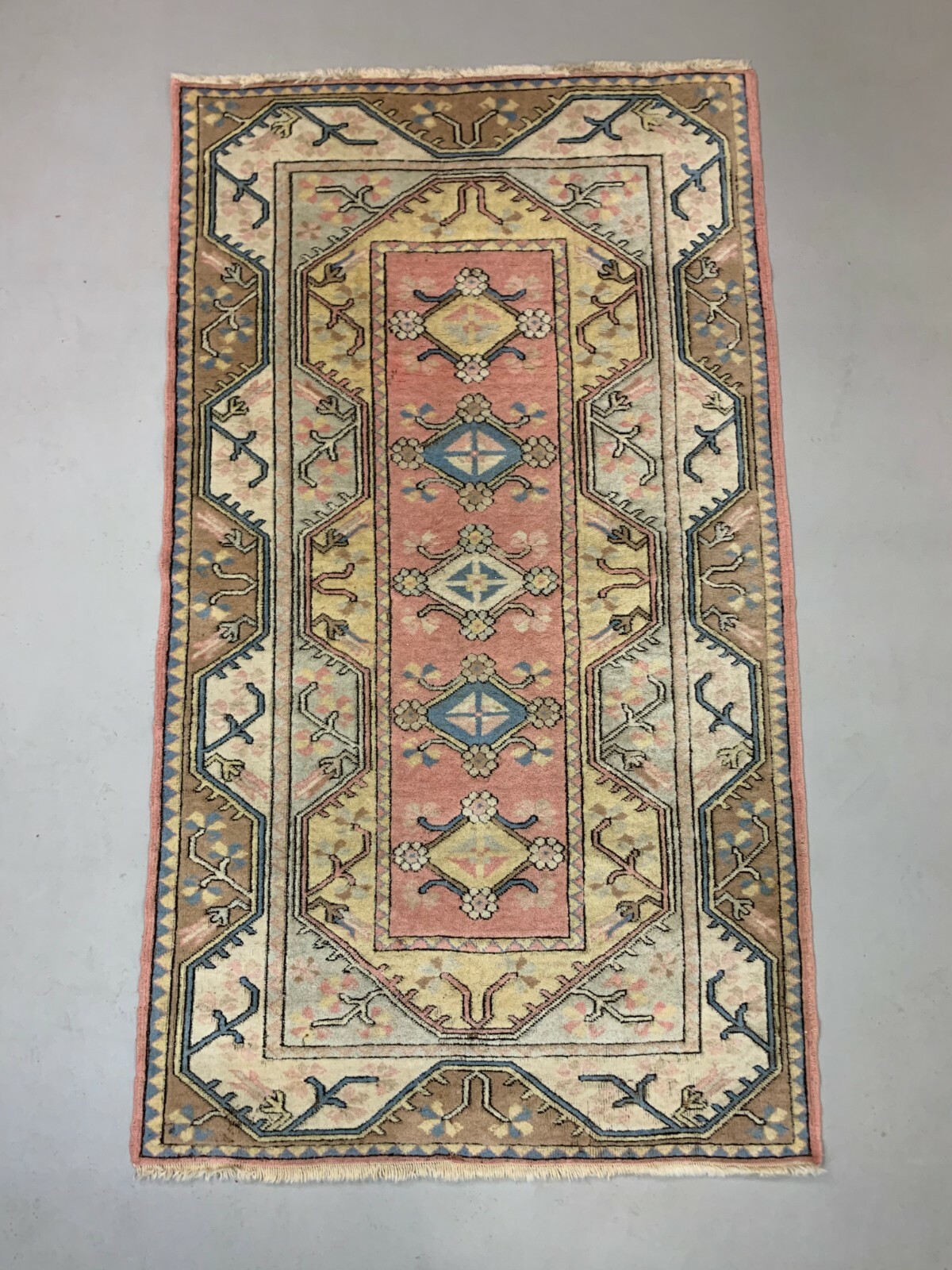 Old Turkish Milas Rug 212x122 cm old vintage carpet Ushak Region Pink Beige Blue gallery