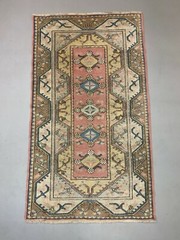 Old Turkish Milas Rug 212×122 cm old vintage carpet Ushak Region Pink Beige Blue