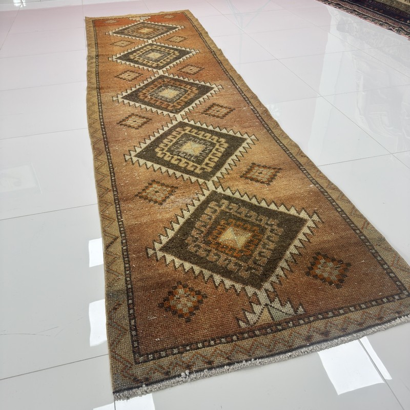 3x11 Terracotta Cream Antique Wool Runner With Dark Brown Motifs- Tariff Free gallery