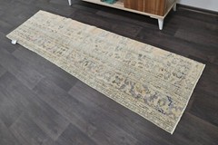 Vintage Turkish Runner Rug 2x7ft BEIGE Handmade Anatolian Oushak Hallway Wool