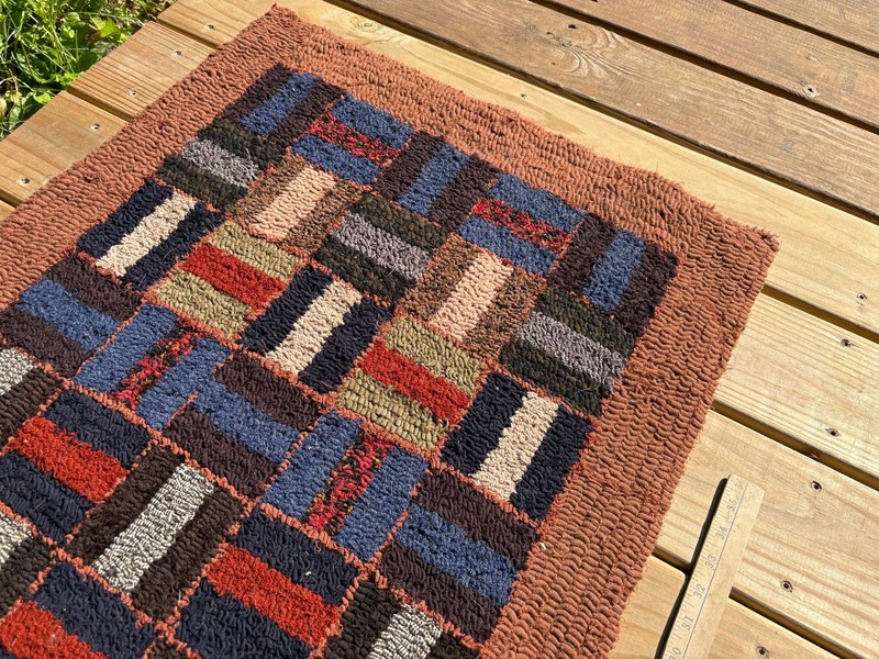 Vintage Bars in Squares Geometric American Hooked Rug 46'' X 25'' Antique 1940's gallery