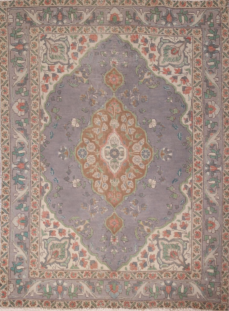 Distressed Over-Dyed Area Rug 5x6 Ft Hand-Knotted Purple / Gray Wool Carpet