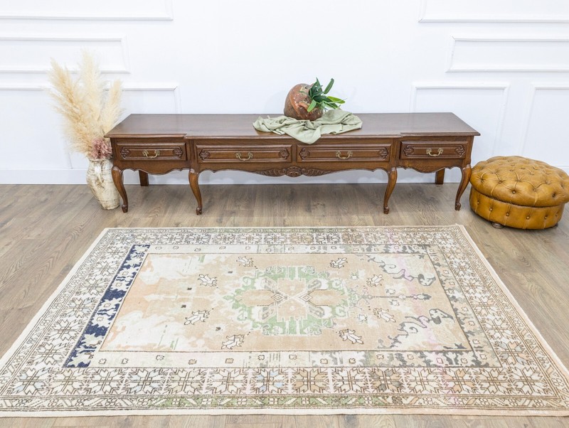 Hand-Knotted Vintage Tribal Faded Wool Rug 4.7x7.2 ft Oushak Turkish Area Carpet gallery