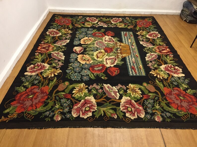 Vintage Turkish Floral Kilim Rug 9x11ft Handmade Flatweave Black Background Wool gallery