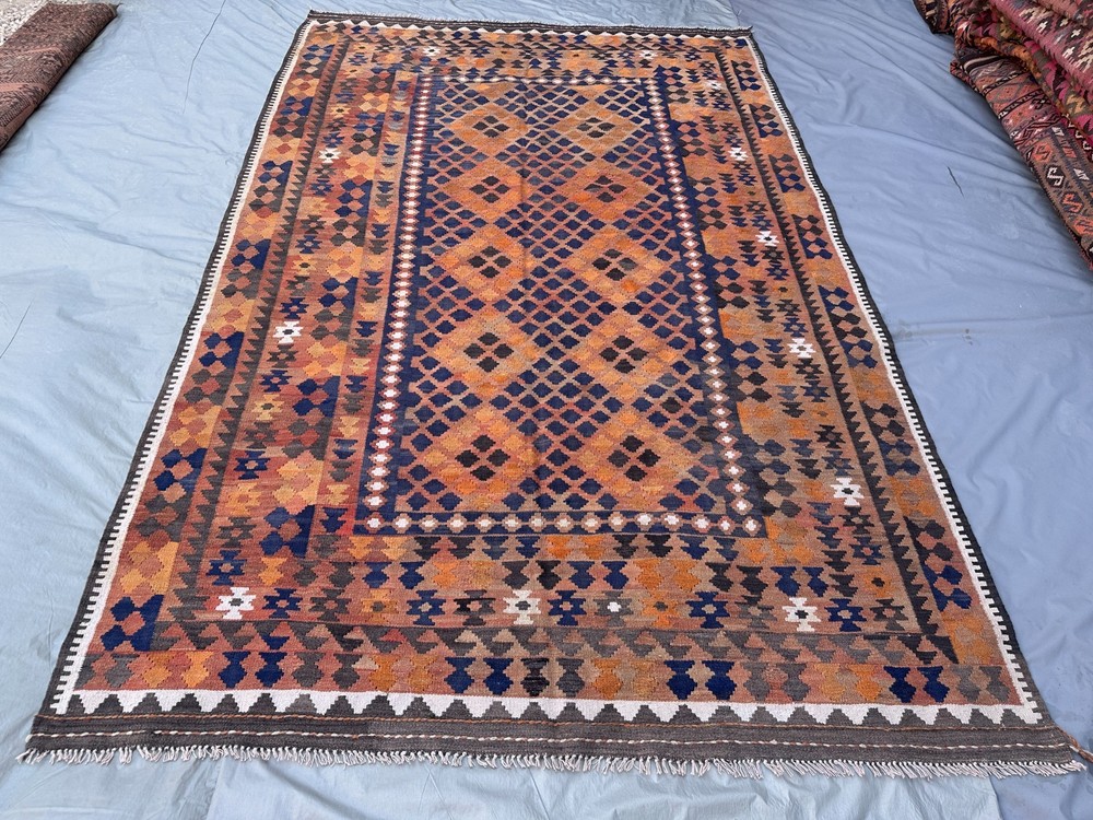 Terracotta Blue Faded Kilim Rug 6'4x9'9 Vintage Boho Tribal Flatweave Area Rug