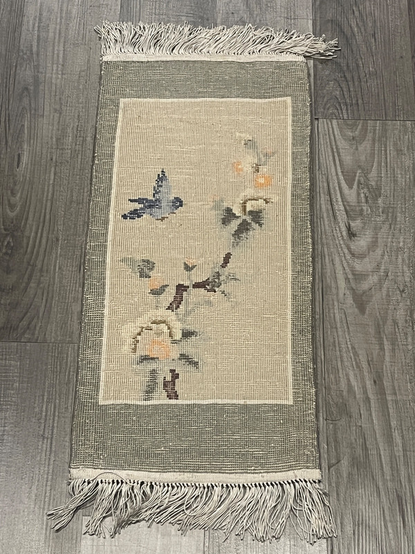 Vintage Chinese Silk Woven Rug With Bird & Flowers 25''x12'' Collectible gallery