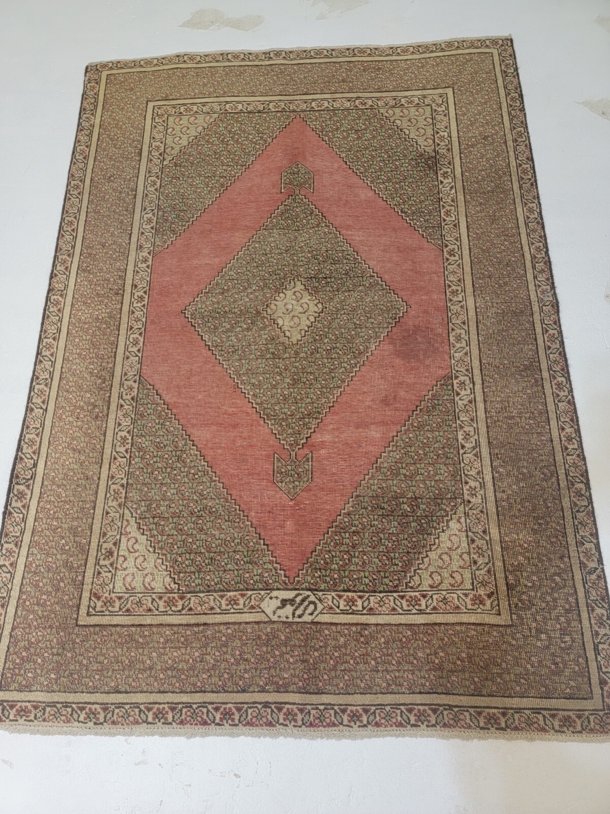 Antique Oriental Hand-Knotted Wool Area Rug Beige/Green 4'x4" x 6'2" gallery