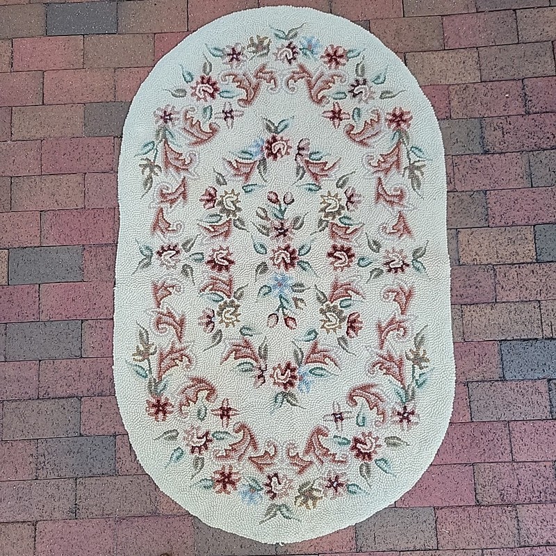Floral Needlepoint Rug Oval Handmade Primitive Punch Needle Earth Tone 33x54 GVC gallery