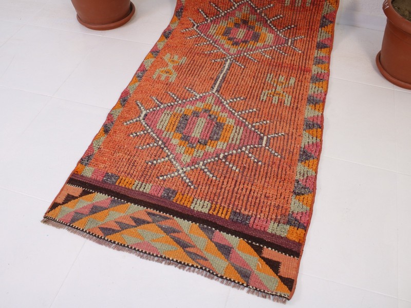Vintage Hand Knotted Long Runner Rug Orange Teal Distressed Floral 2.6x9.7 ft gallery