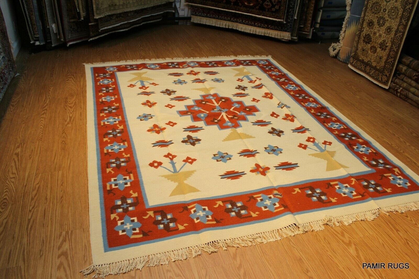 SOUTHWESTERN STYLE Handmade Wool rug 8x10 ft. BLUE BEIGE Orange Navajo Design gallery