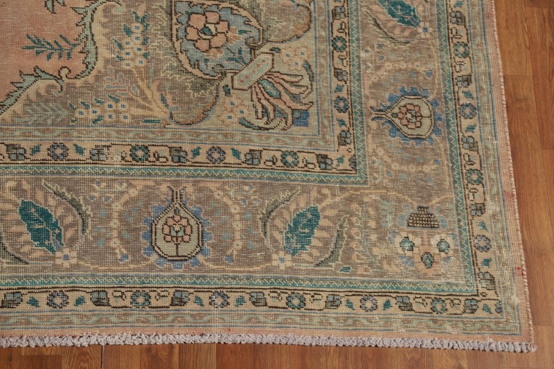 Vintage Muted Coral Floral Wool Tebriz Area Rug 10x13 Hand-made Room Size Carpet gallery