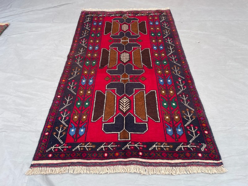 2'10x4'11 ft Vintage Afghan Baluchi Hand Knotted Wool Red Navy Brown Tribal Rug gallery