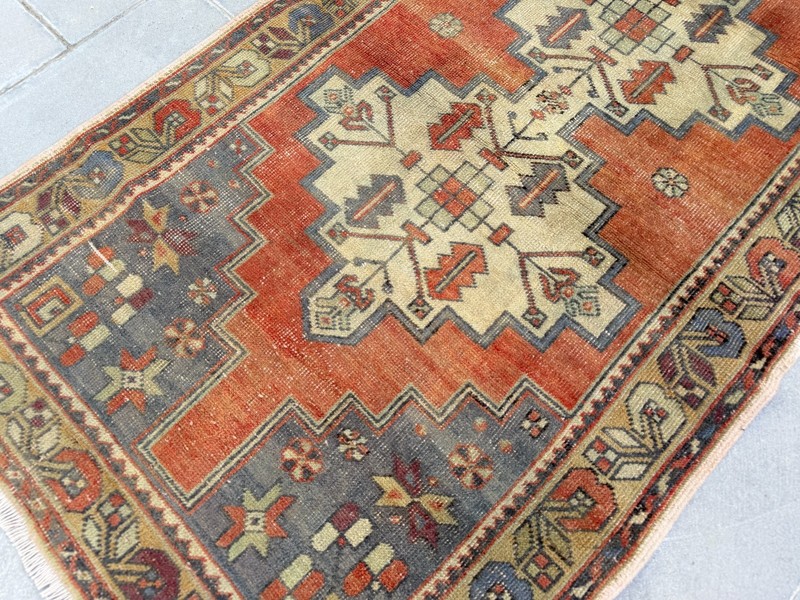 Handmade Turkish Rug 3.9x7.2 Ft Vintage Anatolian Wool Rug Terracotta Blue gallery