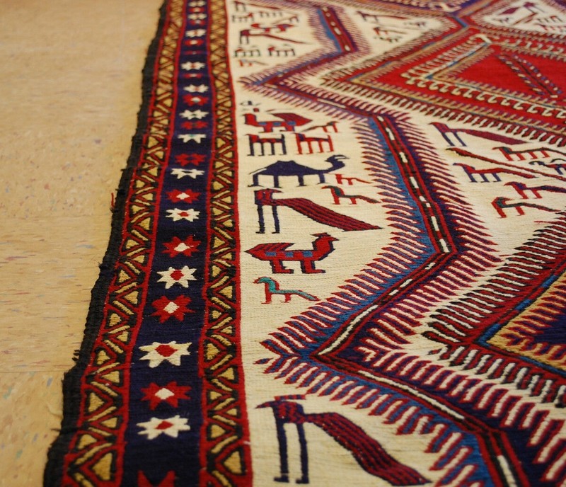 c1930s ANTIQUE SO MUCH DETAILS CAUCASIAN SOUMAK KILIM 3.5x8.11 CRITTER LOVERS gallery