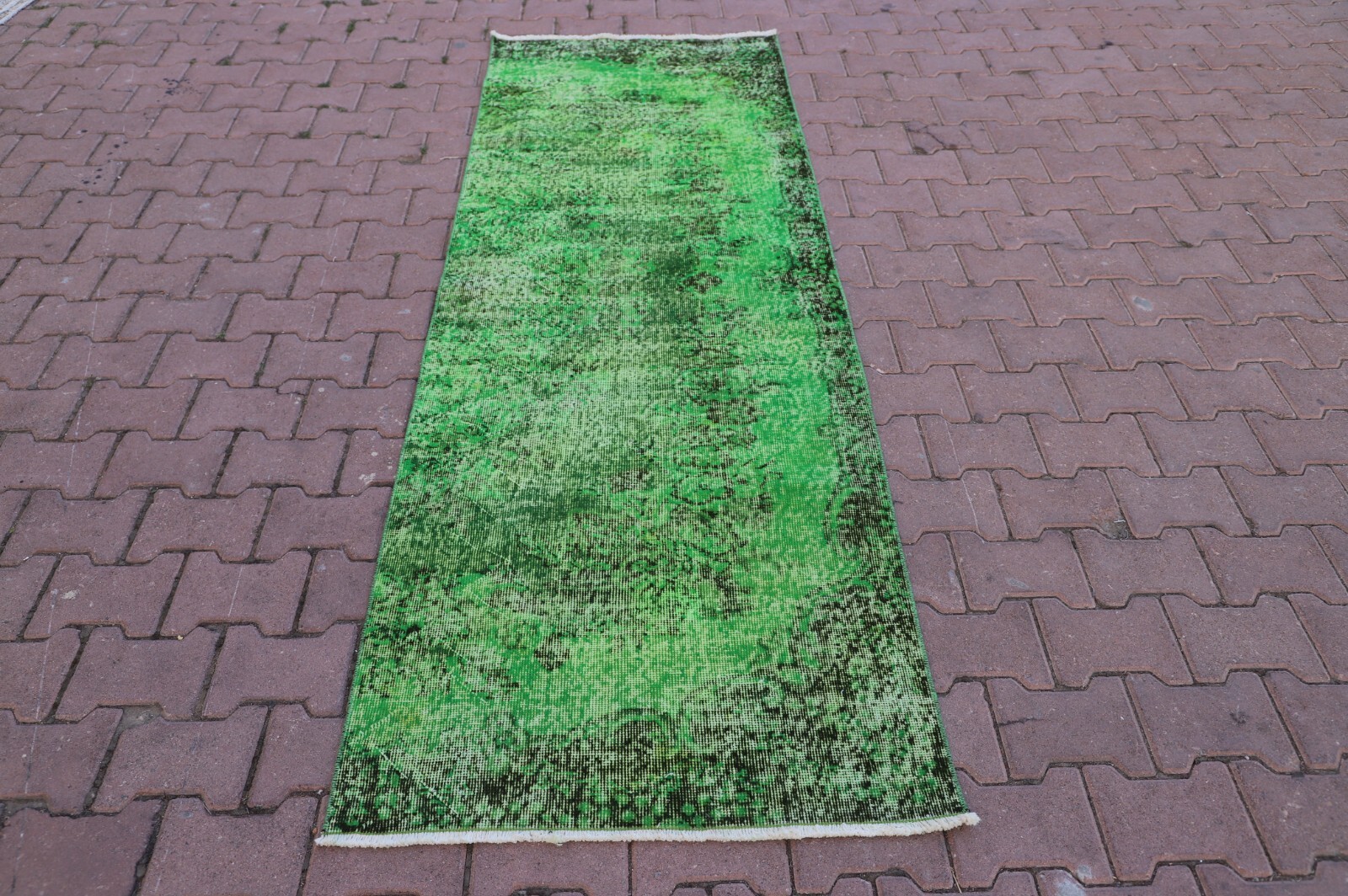 Green Runner Turkish Hand Knotted Rug Oriental Anatolian Overdyed Carpet 3x8ft gallery