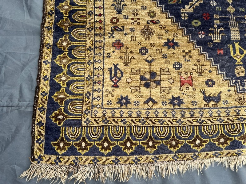 Antique Afghan War Rug 3'9x6'6 – Handmade Wool Tribal Blue Beige Geometric Rug gallery