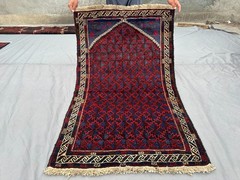 3×5 Vintage Hand-Knotted Prayer Rug, Afghan Wool Rug, Deep Red and Blue Area Rug
