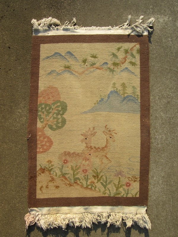 ANTIQUE ART DECO CHINESE HAND-KNOTTED WOOL RUG GRACEFUL DEER PICTORIAL DESIGN gallery