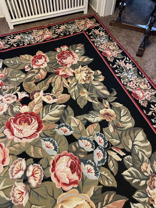 1920s American 7'7" x 9'7" Floral Needlepoint on Black Background Area Rug gallery