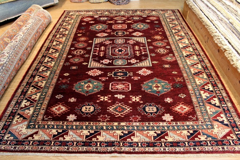 _KAZAK_RUG_HAND-MADE_7 X 9 FT. HAND-KNOTTED-100% WOOL Maroon dark red teal color gallery