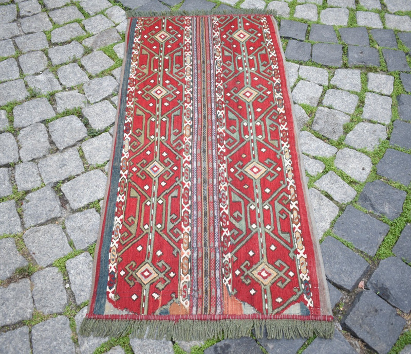 Antique Turkish Rug 21'' x 42'' Collector's Item Reyhanli Soumak Chuval Face Rug gallery