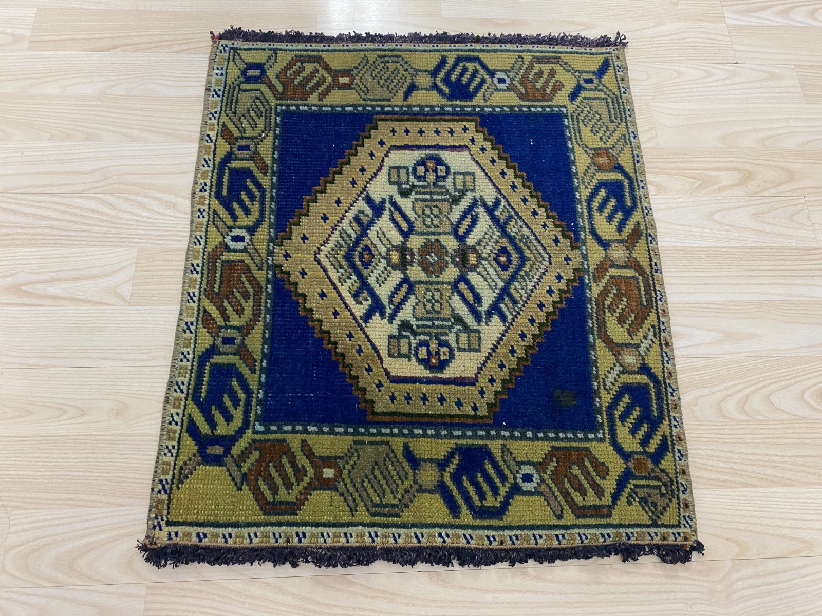 Antique Turkish Rug 1.7x1.9 ft Vintage Cobalt Blue Mustard Geometric Small Mat gallery